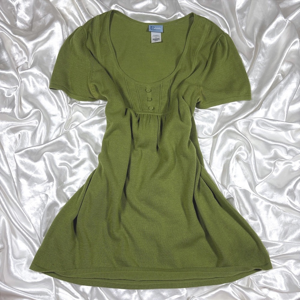 y2k Short Sleeve Knit Top Green Excellent Empire Waist Scoop Neck Pleated